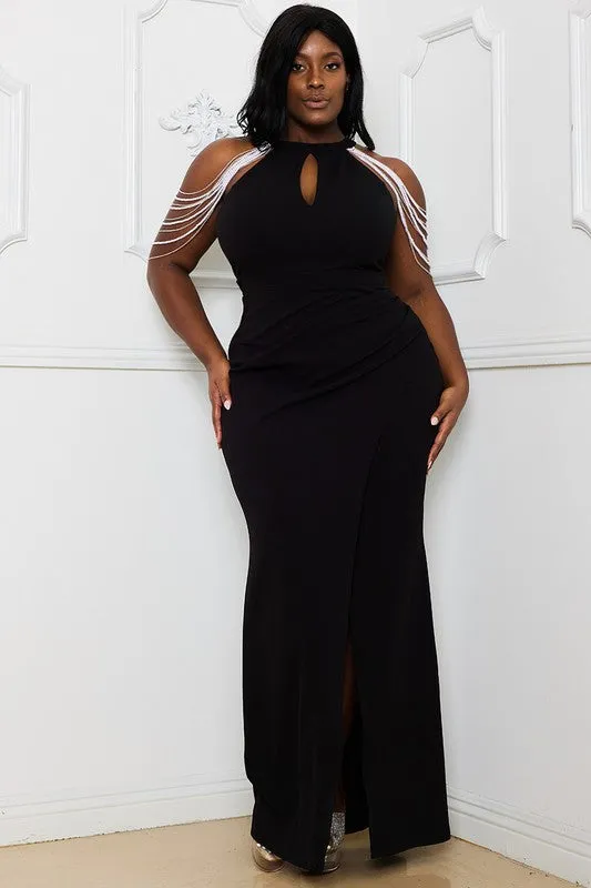 LAYER RHINESTONE/PEARL CHAIN SHOULDER PLUS MAXI DRESS