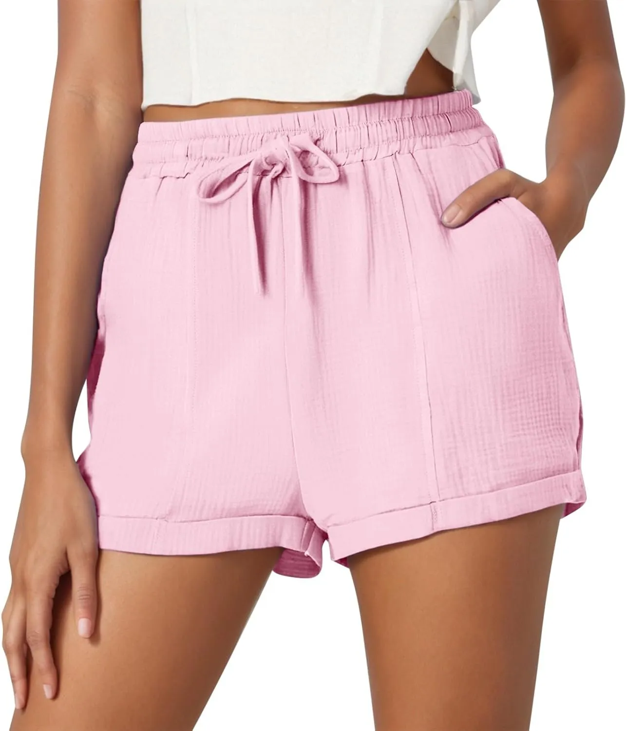 Linen Shorts for Women 2025 Summer Casual Shorts Comfy Elastic High Waisted Drawstring Beach Shorts Pajama Pants with Pockets