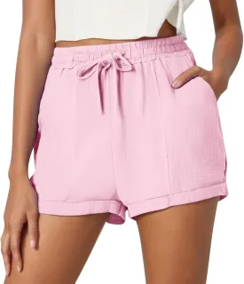 Linen Shorts for Women 2025 Summer Casual Shorts Comfy Elastic High Waisted Drawstring Beach Shorts Pajama Pants with Pockets
