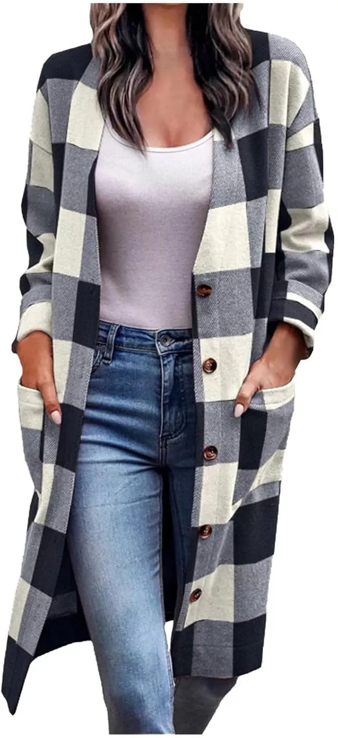 Long Flannel Jacket Women Plaid Shacket Shirt Casual Button Wool Blend Winter Tartan Trench Coat Oversized with Pocket