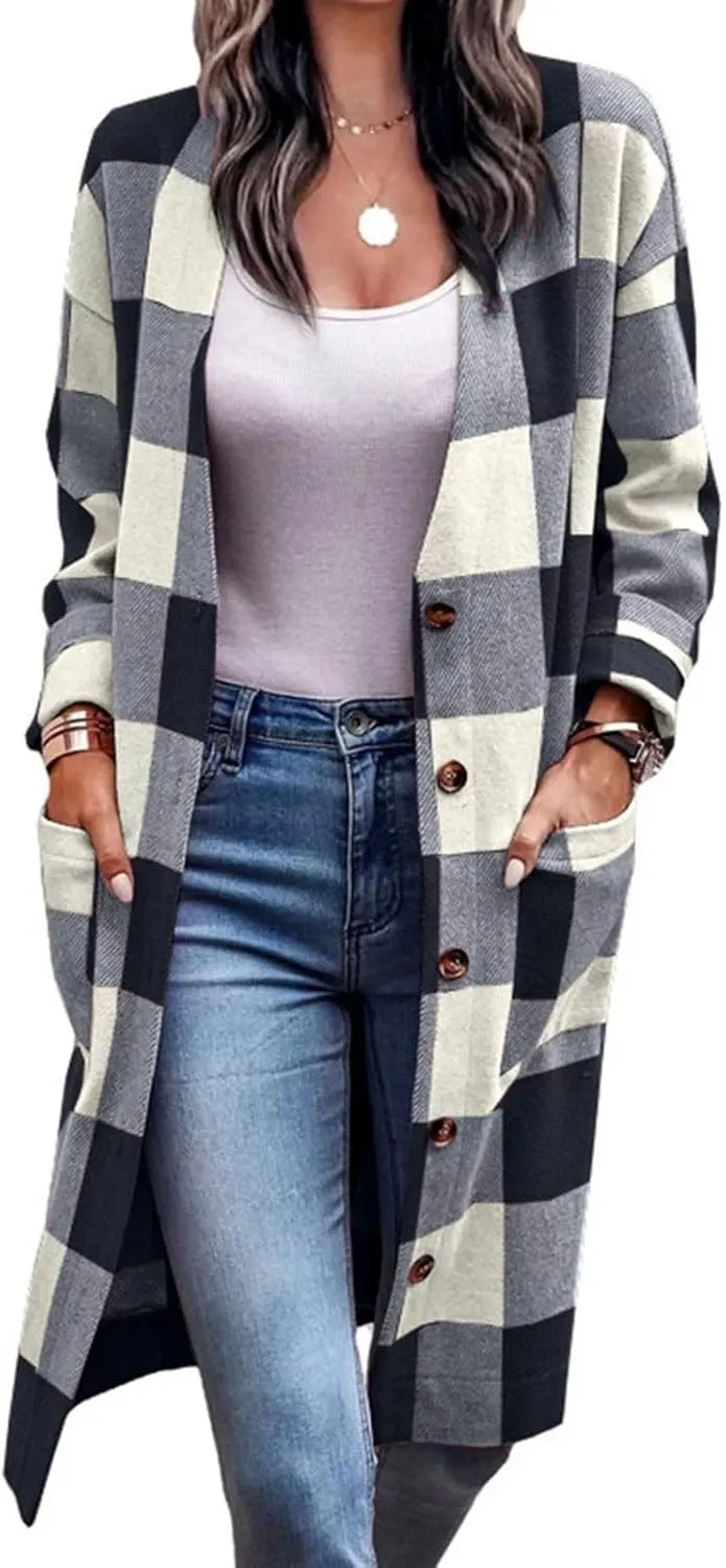 Long Flannel Jacket Women Plaid Shacket Shirt Casual Button Wool Blend Winter Tartan Trench Coat Oversized with Pocket