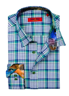 Men's 100% Cotton Emerald Green Check Oxford Hidden Button-Down Collar, Single Cuff Shirt