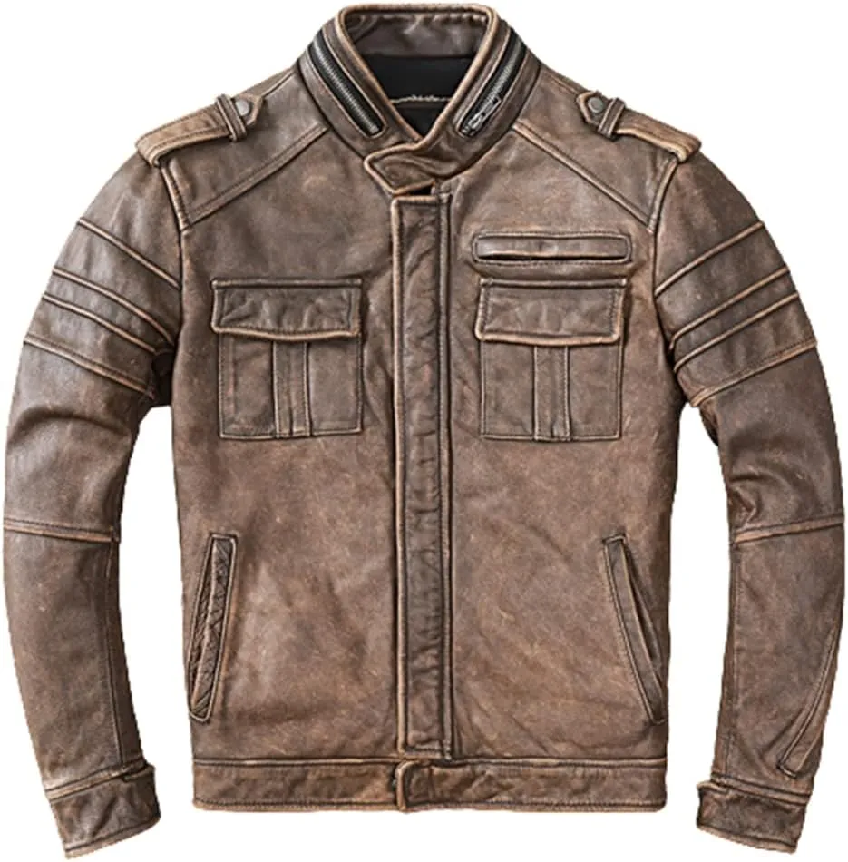 Mens Cafe Racer Jacket - Distressed Leather Jacket Men - Vintage Brown Leather Jacket - Genuine Lambskin Biker Jacket