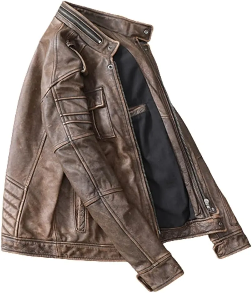 Mens Cafe Racer Jacket - Distressed Leather Jacket Men - Vintage Brown Leather Jacket - Genuine Lambskin Biker Jacket
