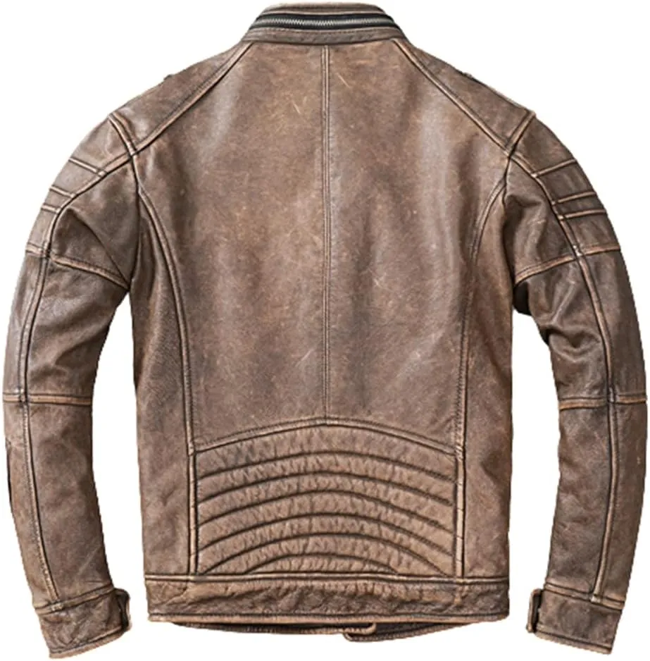 Mens Cafe Racer Jacket - Distressed Leather Jacket Men - Vintage Brown Leather Jacket - Genuine Lambskin Biker Jacket