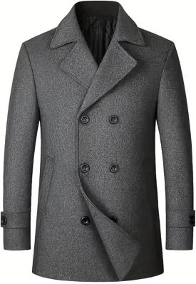 Mens Classic Wool Blend Trench Peacoat with Double Breasted, Notched Collar, Mid Long Length Overcoat, Warm Top
