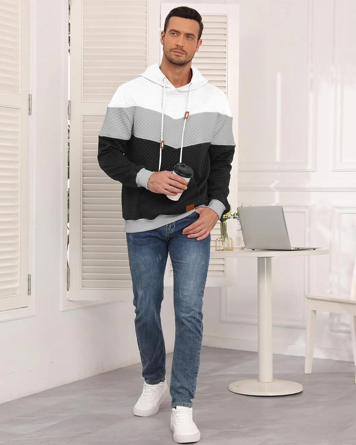 Men's Hoodies Sweatshirt with Kangaroo Pocket Novelty Color Block Pullover Hoodies Long Sleeve Hooded Drawstring
