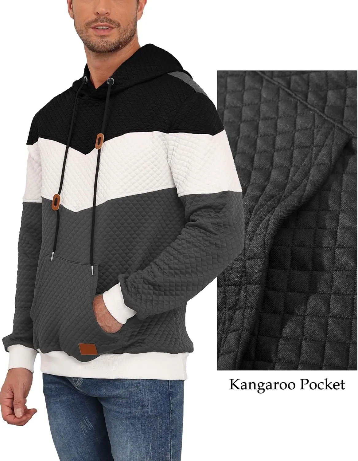 Men's Hoodies Sweatshirt with Kangaroo Pocket Novelty Color Block Pullover Hoodies Long Sleeve Hooded Drawstring