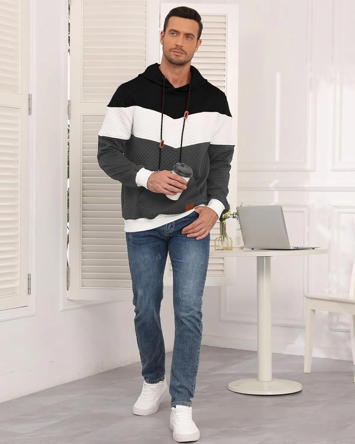 Men's Hoodies Sweatshirt with Kangaroo Pocket Novelty Color Block Pullover Hoodies Long Sleeve Hooded Drawstring
