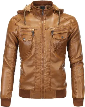 Mens Leather Jacket Winter Vintage Zipper Hoodie Color Imitation Leather Coat