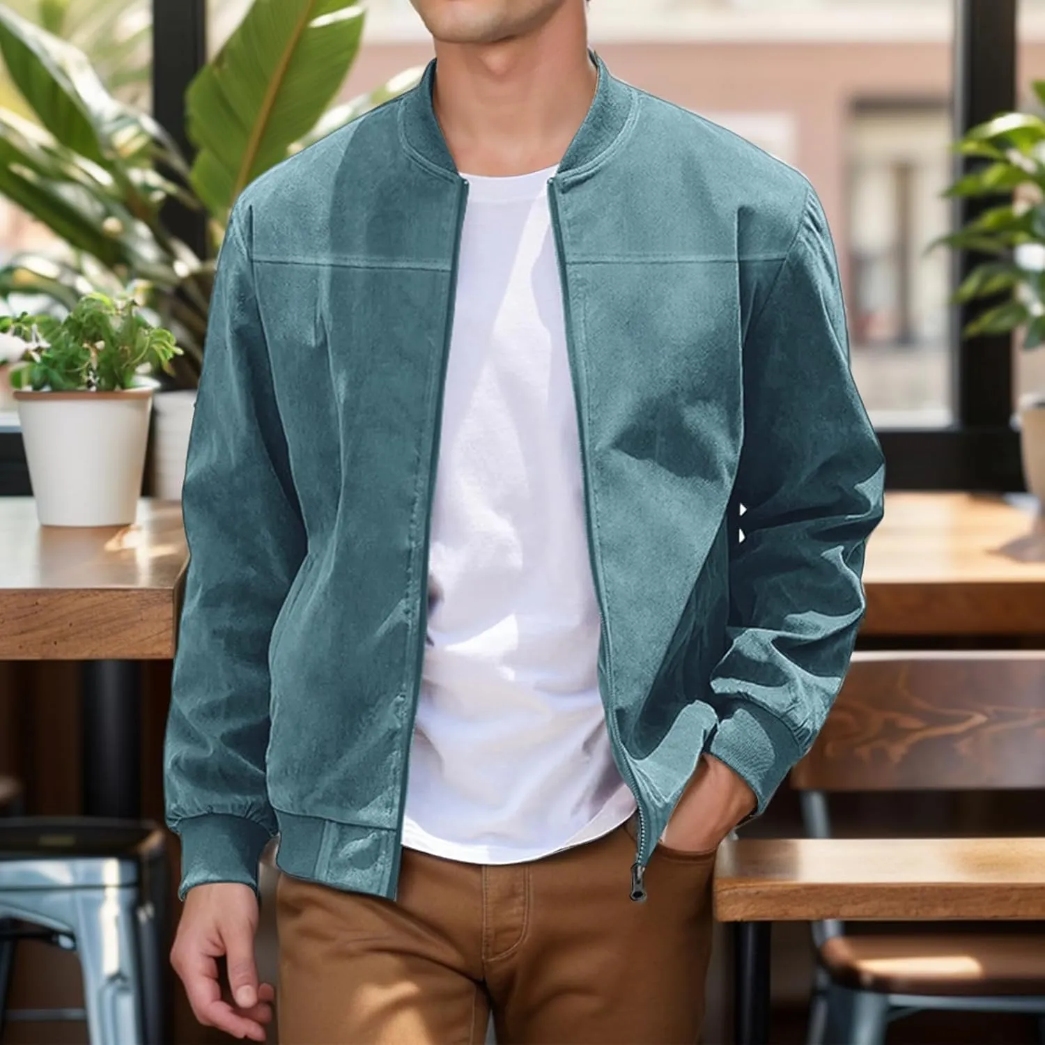 Mens Lightweight Jacket Vintage Faux Suede Trucker Bomber Jackets Casual Zipper Stand Collar Cardigans Fashion Coat