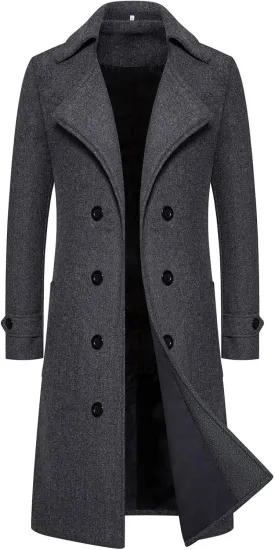 Mens Long Trench Coat Classic Notched Collar Double Breasted Peacoat Slim Fit Wool Blend Fall Winter Casual Overcoat