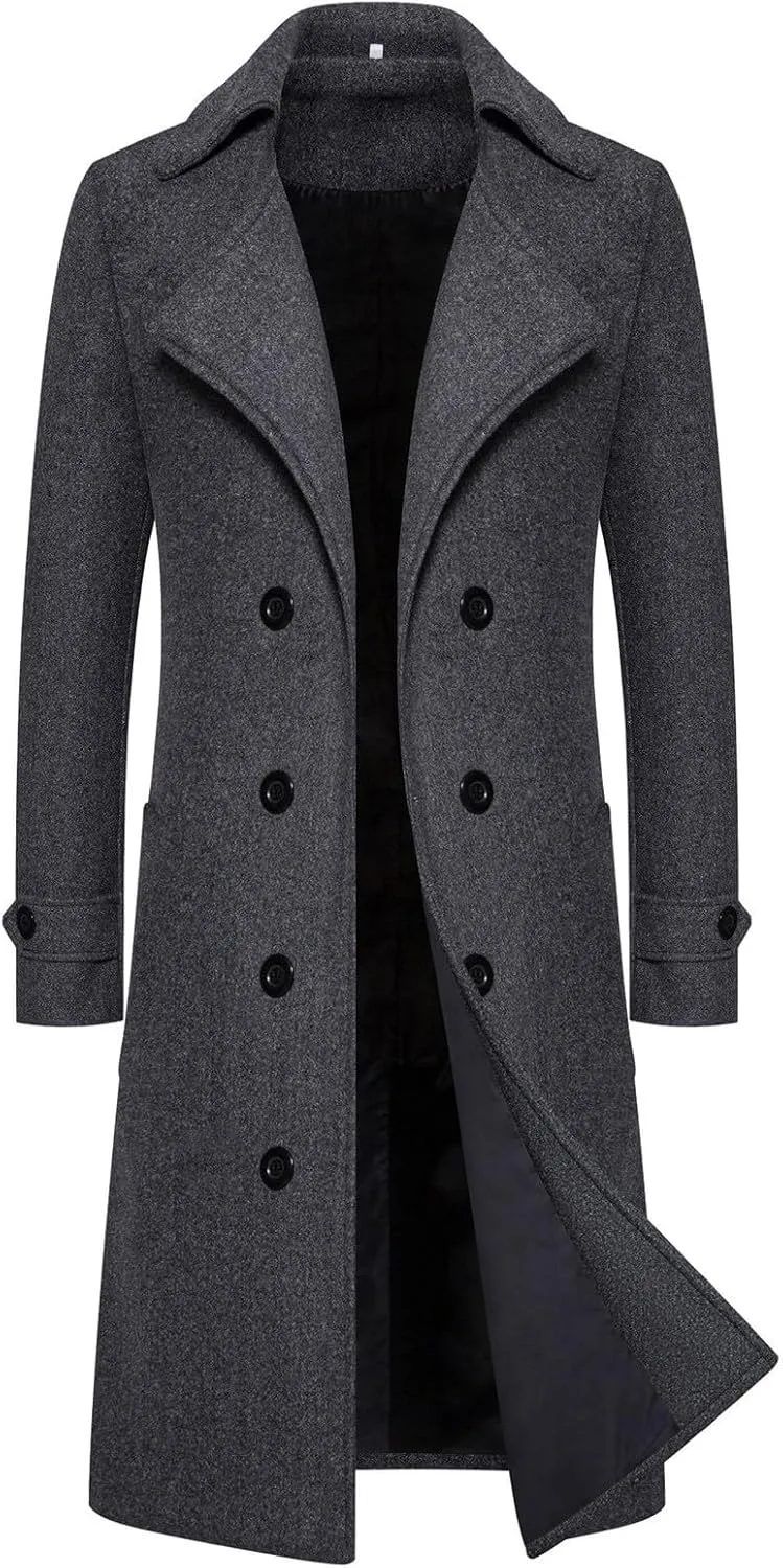 Mens Long Trench Coat Classic Notched Collar Double Breasted Peacoat Slim Fit Wool Blend Fall Winter Casual Overcoat