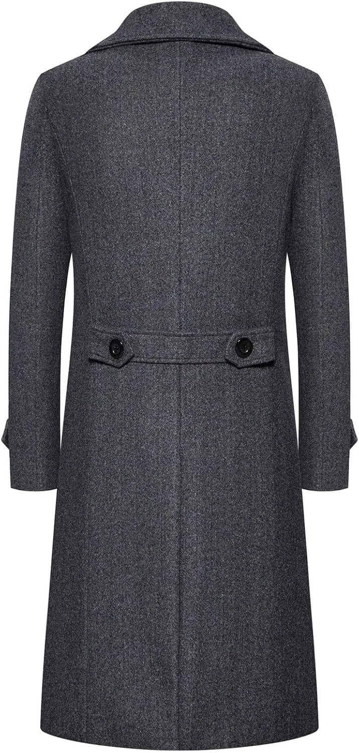 Mens Long Trench Coat Classic Notched Collar Double Breasted Peacoat Slim Fit Wool Blend Fall Winter Casual Overcoat
