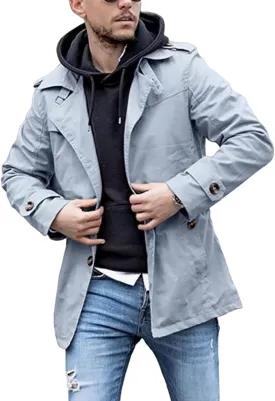 Men's Trench Coat Slim Fit Windbreaker Casual Windproof Jacket Men Big and Tall Spring Fall Midweight Peacoat