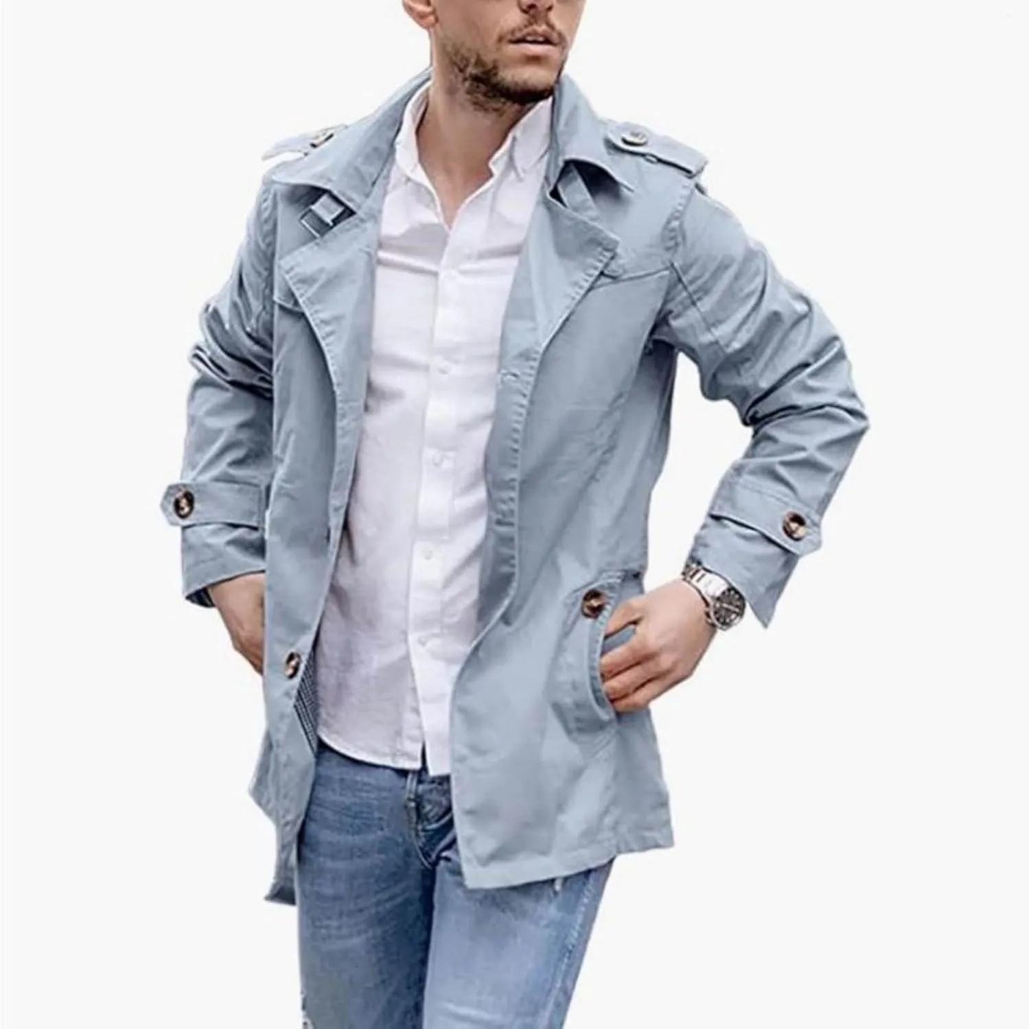 Men's Trench Coat Slim Fit Windbreaker Casual Windproof Jacket Men Big and Tall Spring Fall Midweight Peacoat