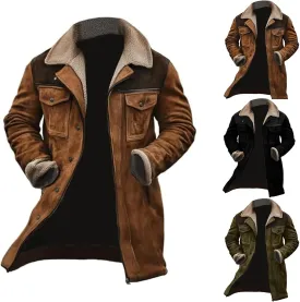Mens Vintage Suede Jacket Plush Collar Coats Faux Leather Winter Long Jackets Men Zip Up Motorcycle Jacket Coats Retro