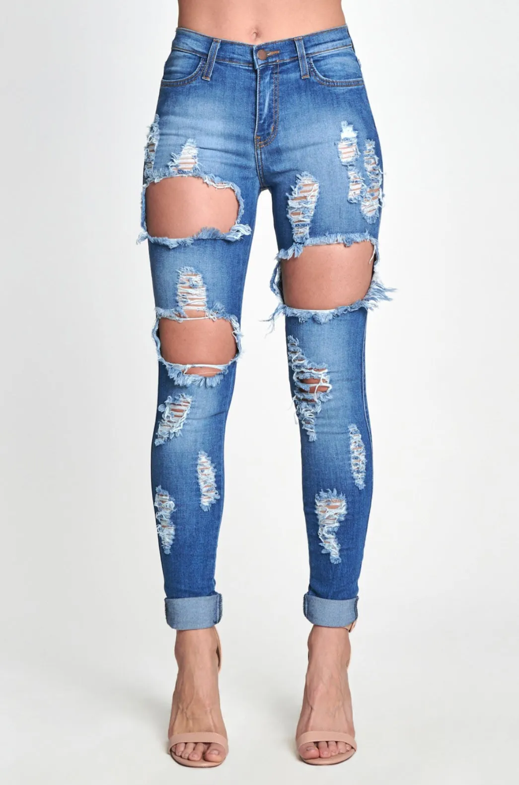Mid Rise Distressed Skinny Jeans