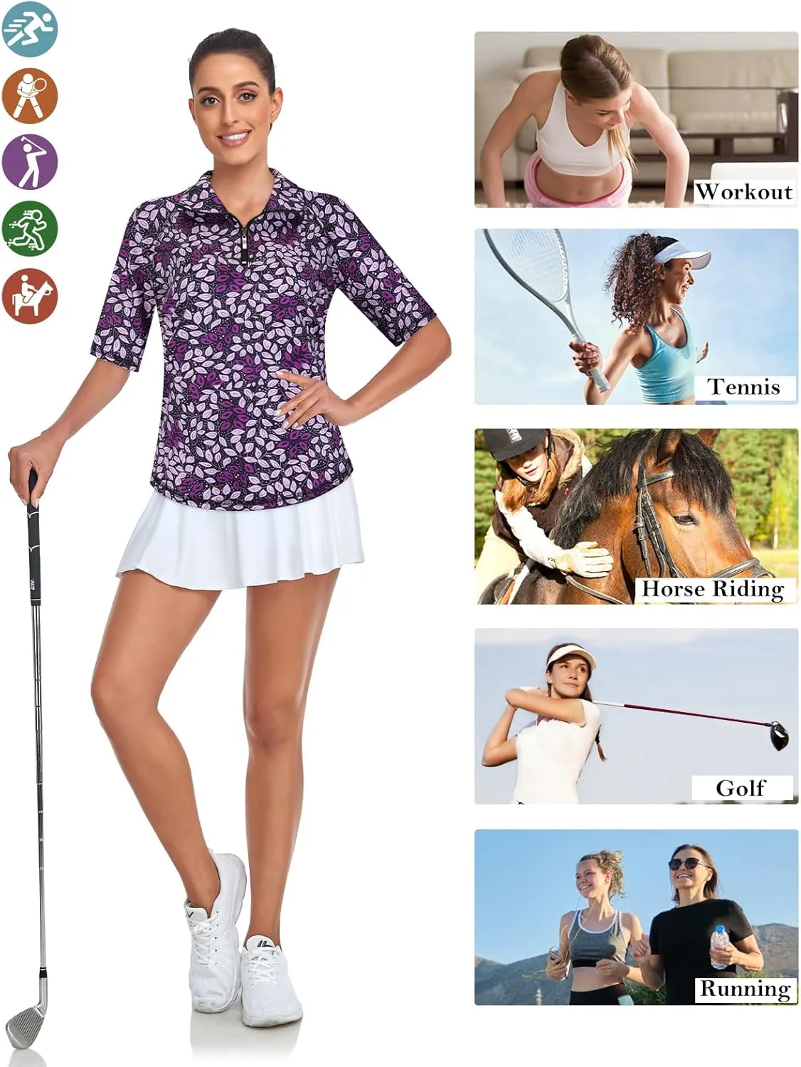 Misyula Womens Golf Shirt Quick Dry Half Sleeve Quarter Zip Polo Workout Tops Tennis Shirts M-3XL