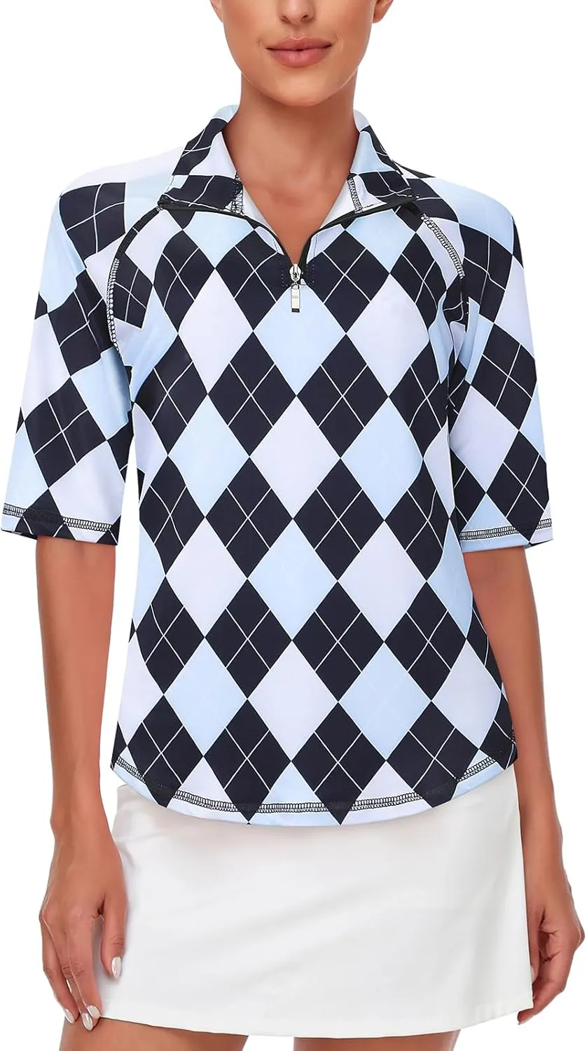Misyula Womens Golf Shirt Quick Dry Half Sleeve Quarter Zip Polo Workout Tops Tennis Shirts M-3XL