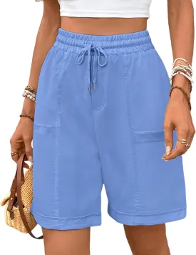 Oymyakon Women's Casual Cotton Shorts Summer Drawstring Elastic Waist Beach Shorts Comfy Pull On Shorts with Pockets