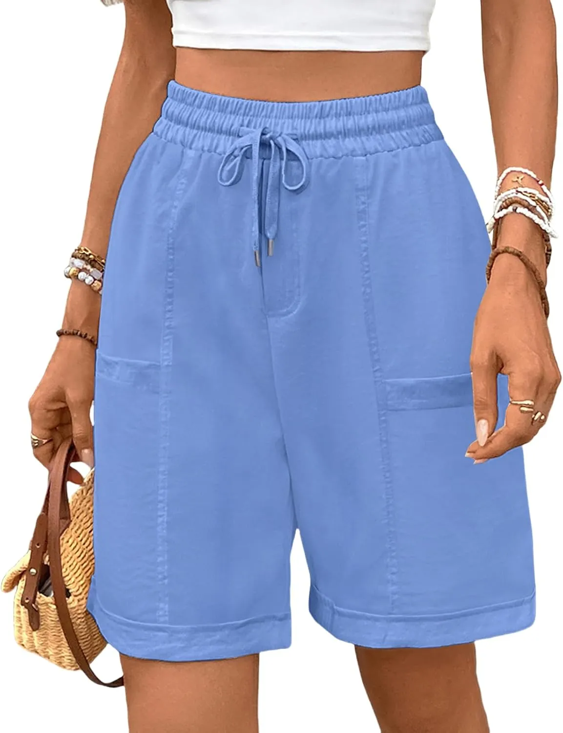 Oymyakon Women's Casual Cotton Shorts Summer Drawstring Elastic Waist Beach Shorts Comfy Pull On Shorts with Pockets