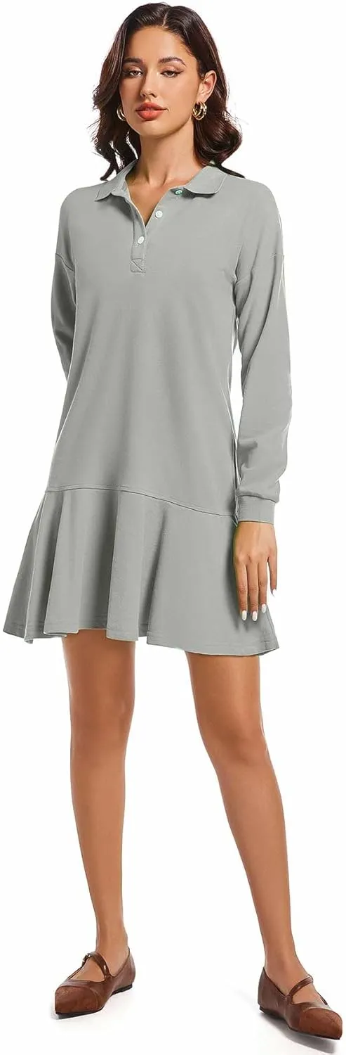 Polo Dress for Women Long Sleeve Ruffle Hem Golf Tennis Workout Dress Spring Mini Dresses
