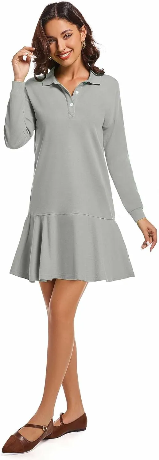 Polo Dress for Women Long Sleeve Ruffle Hem Golf Tennis Workout Dress Spring Mini Dresses