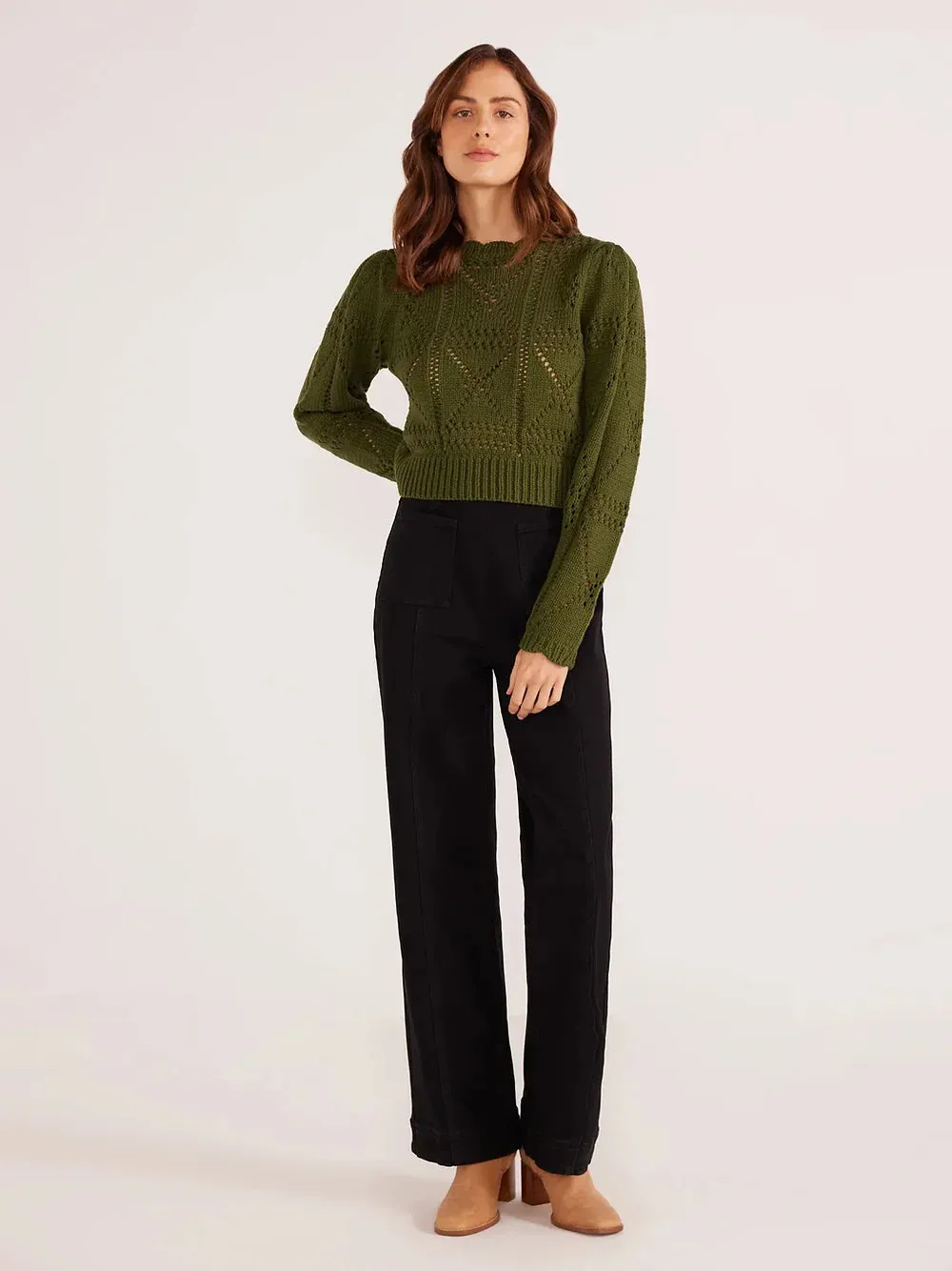 Sally Pointelle Knit Sweater-Forest Grn