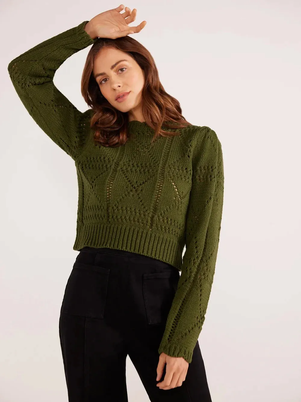 Sally Pointelle Knit Sweater-Forest Grn