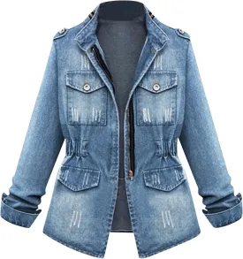 Stylish Casual Women's Jean Jacket Dressy Long Sleeve Plus Size Trendy Denim Outcoat - Fall/Winter