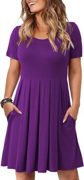 Tralilbee Women's Plus Size Short Sleeve Dress Casual Pleated Swing Dresses with Pockets