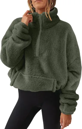 Uillui Womens Half Zip Sherpa Oversized Pullover Fuzzy Fleece Sweatshirt Jacket Fluffy Sweater Lapel Outerwear with Pockets