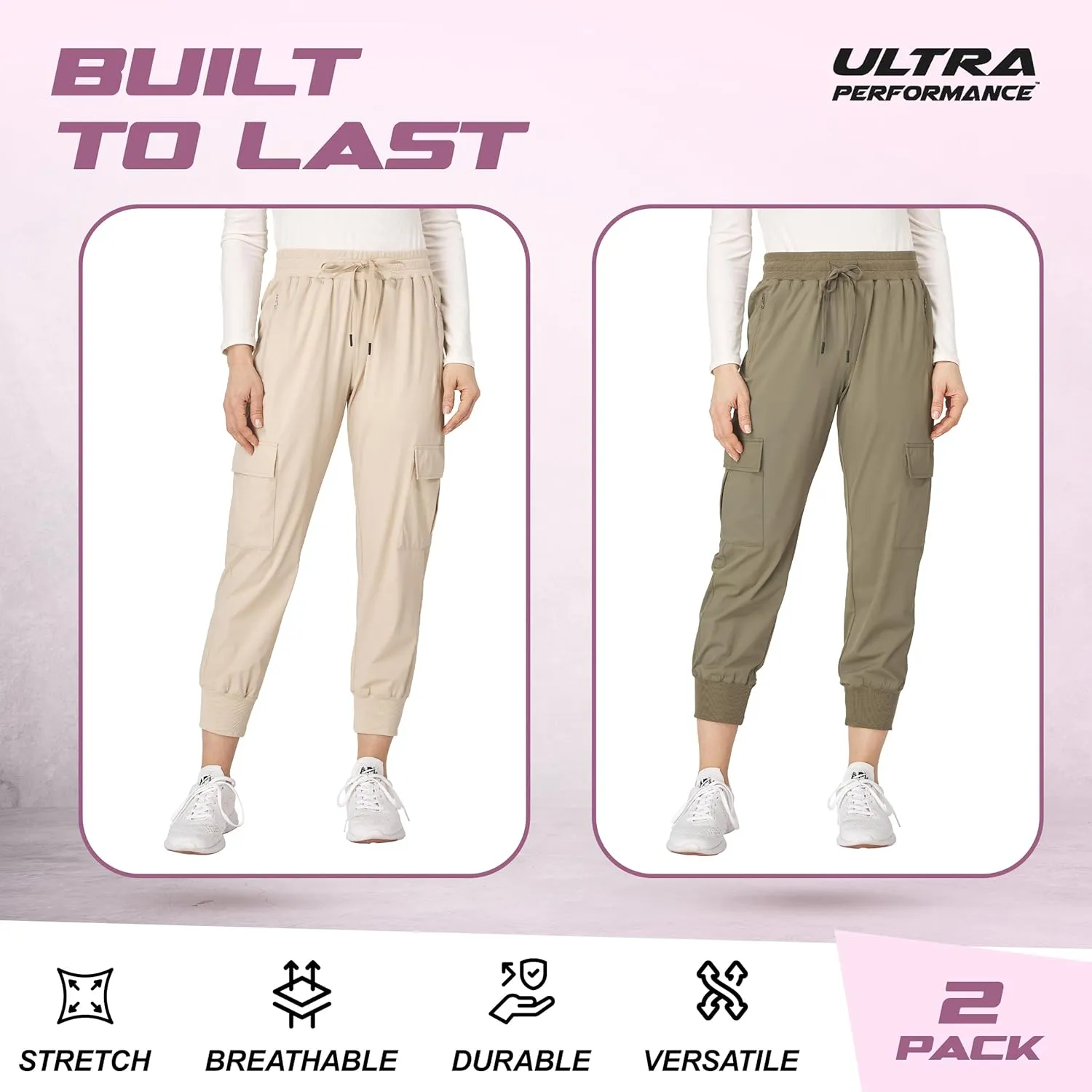Ultra Performance Cargo Jogger Pants for Women 2 Pack Womens Hiking Pants Quick Dry Stretch Lightweight Cargo Joggers