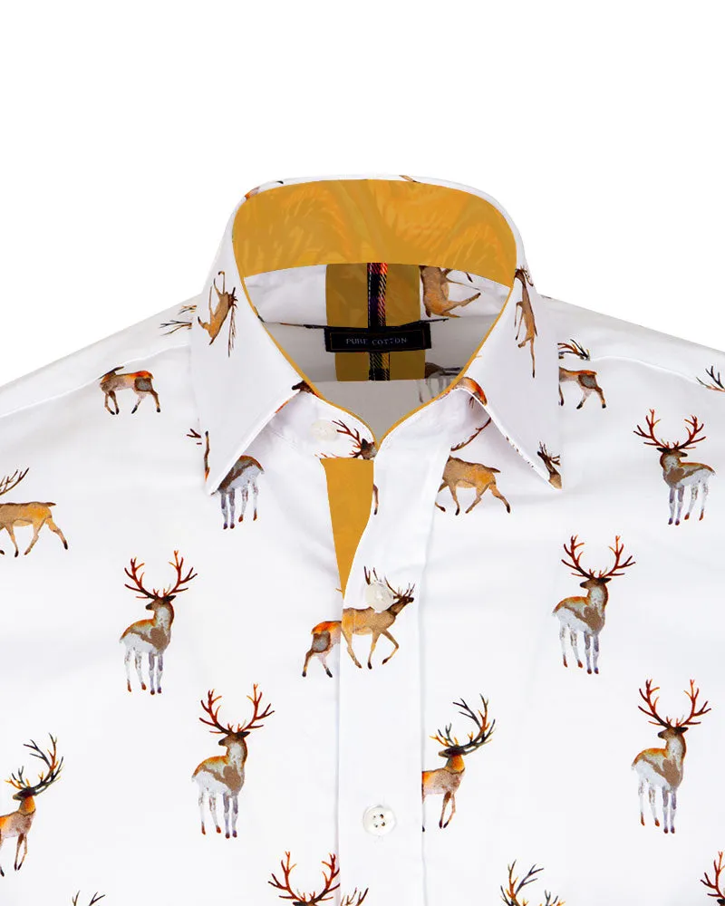 White Deer Print Men's Christmas Shirt with Matching Handkerchief