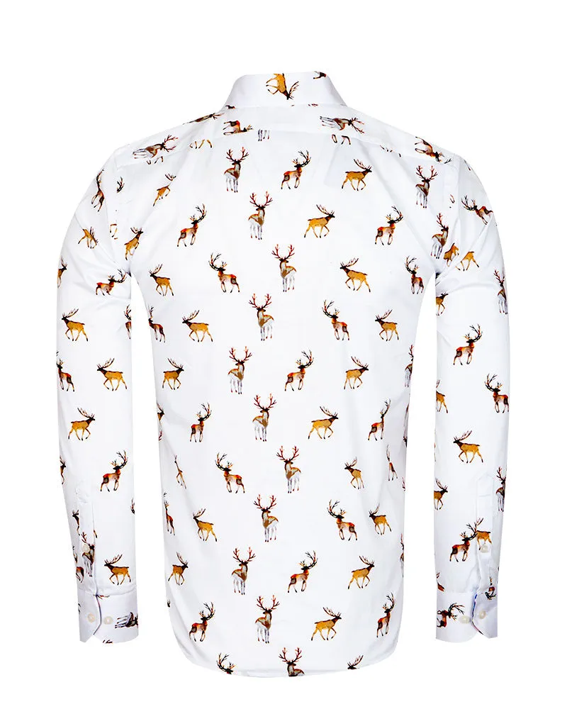 White Deer Print Men's Christmas Shirt with Matching Handkerchief