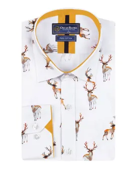 White Deer Print Men's Christmas Shirt with Matching Handkerchief