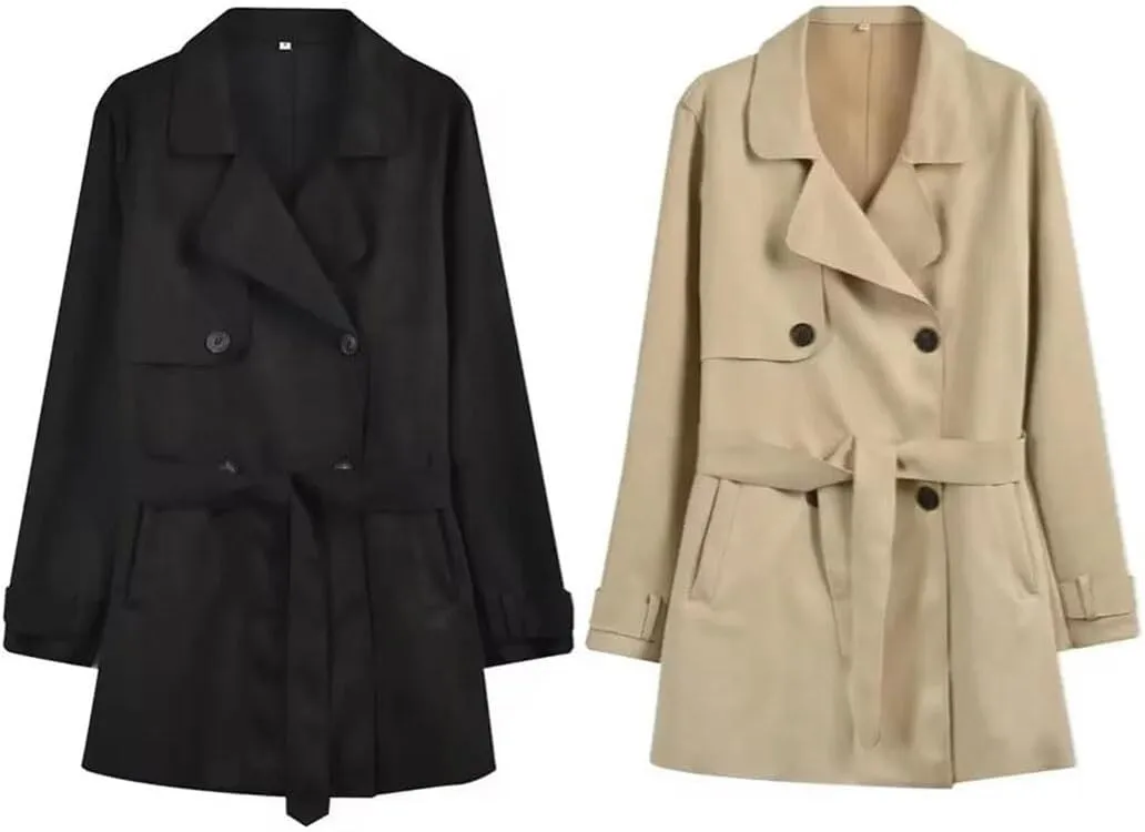 Women's Casual Loose Lapel Double-Breasted Windbreaker Oversized Button Down Outerwear With Pockets