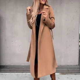 Women's Long Trench Coats Casual Solid Open Front Elegant Jacket Loose Lapel Double Breasted Windbreaker Peacoat with Belt