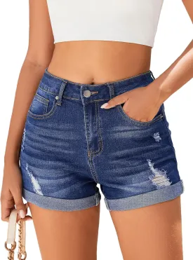 Women's Mid-High Rise Ripped Denim Shorts Stretchy Distressed Jean Shorts with Pockets Folded Hem Casual Summer Jorts