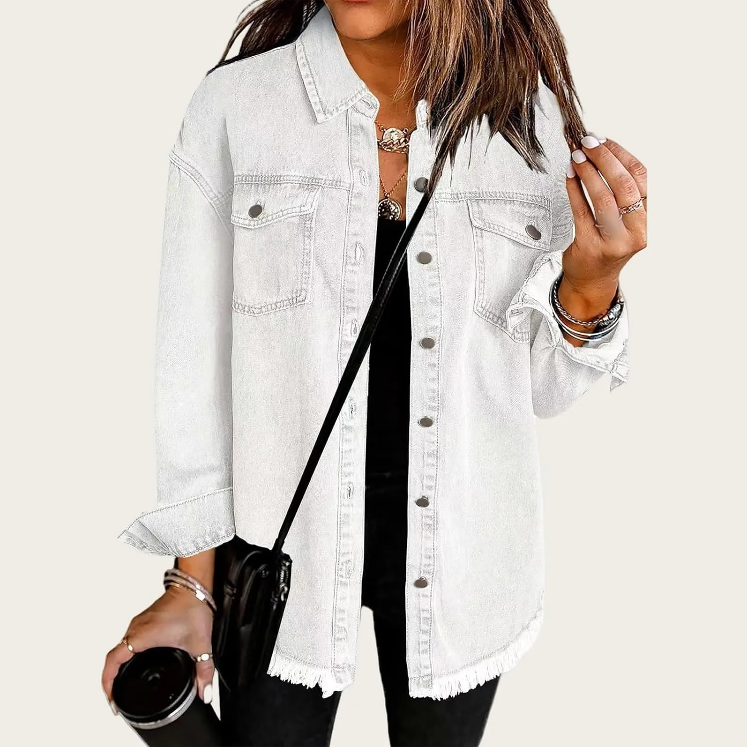 Womens Oversized Denim Jacket Casual Long Boyfriend Button Down Distressed Jean Jacket Fall Shacket Jacket