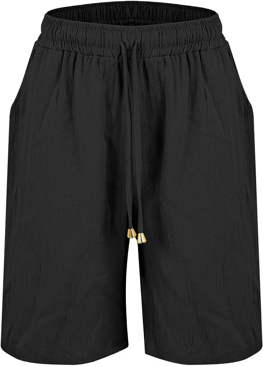 Womens Plus Size Shorts Linen Short Summer Elastic Waist Drawstring Beach Cotton Clothing with Pockets