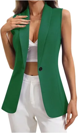 Women's Sleeveless Blazers Open Front Casual Blazer Vests Solid Deep V-Neck Single Button Lightweight Blazer Jackets