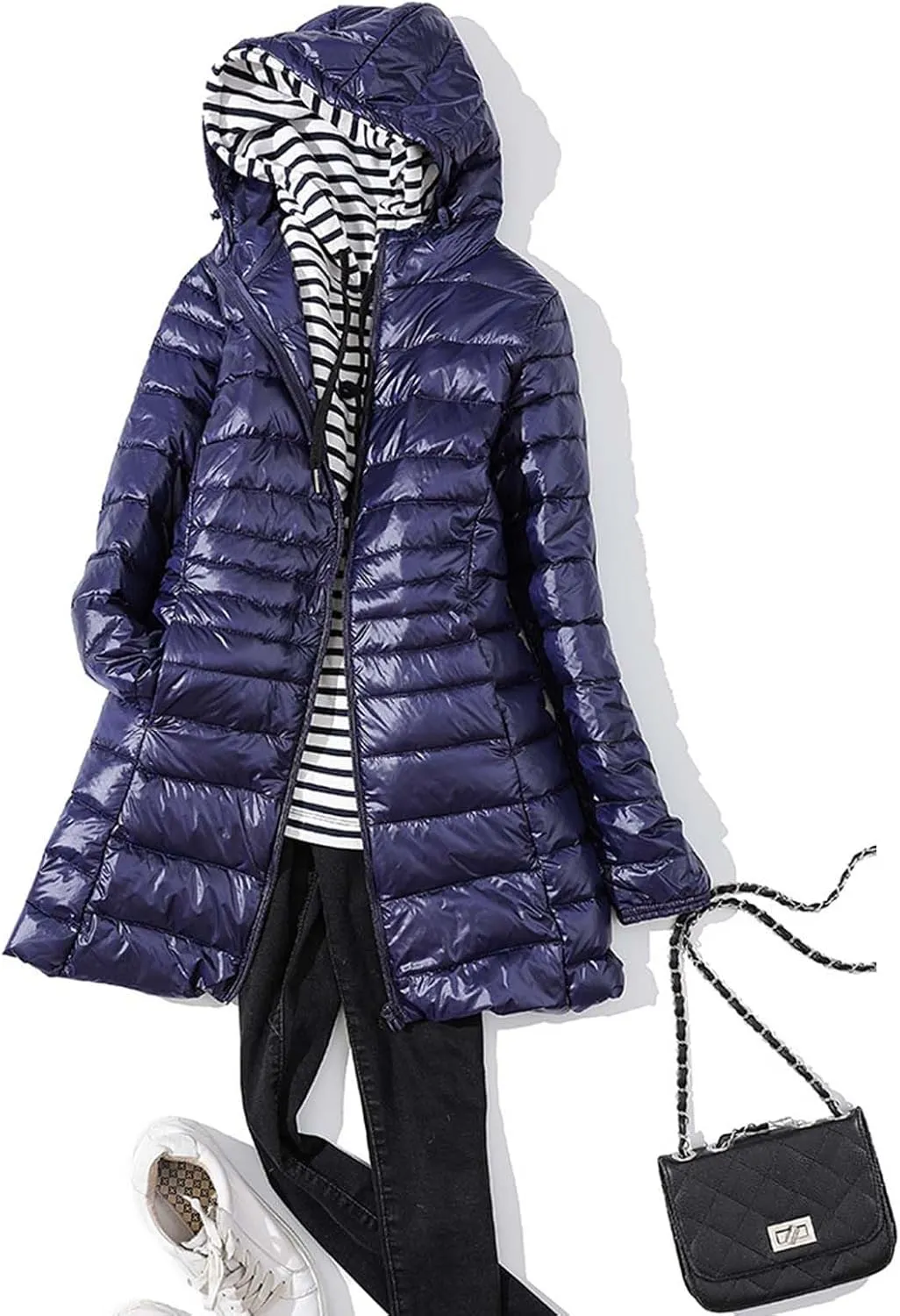 Women's Solid Color Mid Length Hooded Down Jacket with Drawstring Slim Fit Portable Outerwear Warmest Winter for