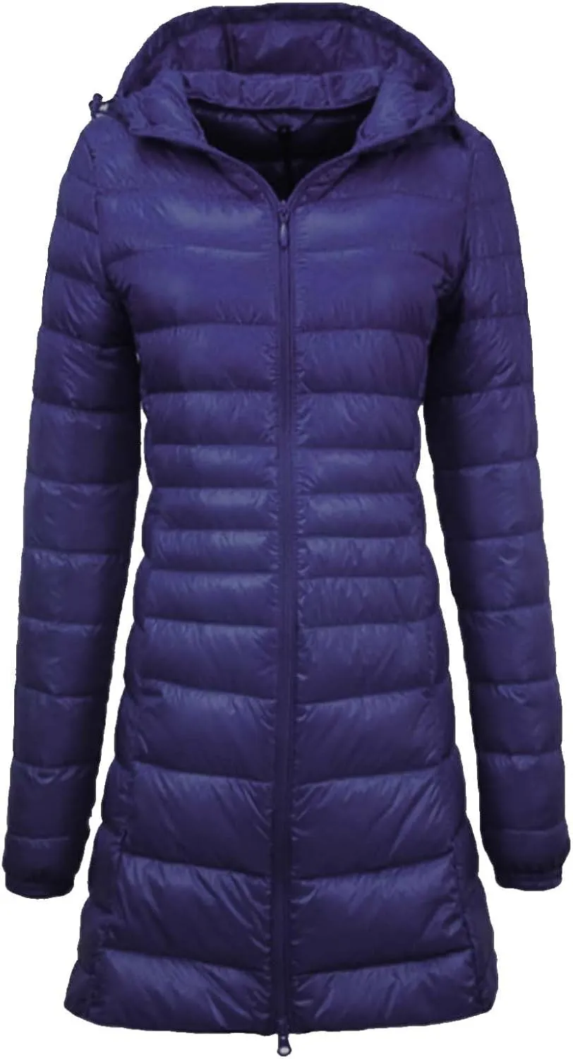 Women's Solid Color Mid Length Hooded Down Jacket with Drawstring Slim Fit Portable Outerwear Warmest Winter for