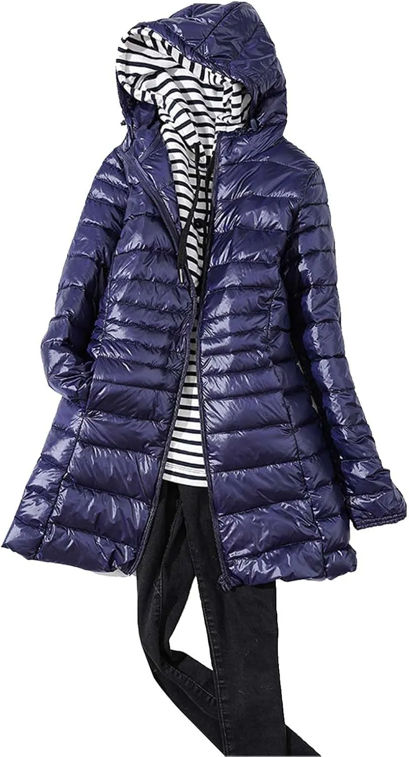 Women's Solid Color Mid Length Hooded Down Jacket with Drawstring Slim Fit Portable Outerwear Warmest Winter for