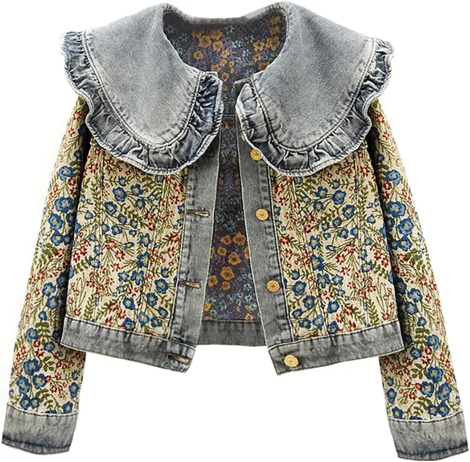 Womens Sweet Peter Pan Collar Long Sleeve Jacquard Denim Jacket