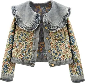 Womens Sweet Peter Pan Collar Long Sleeve Jacquard Denim Jacket