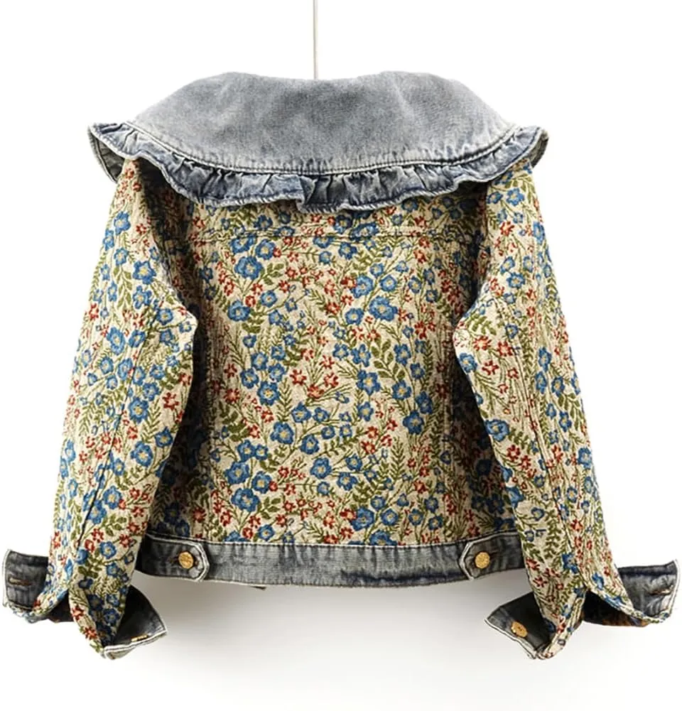 Womens Sweet Peter Pan Collar Long Sleeve Jacquard Denim Jacket