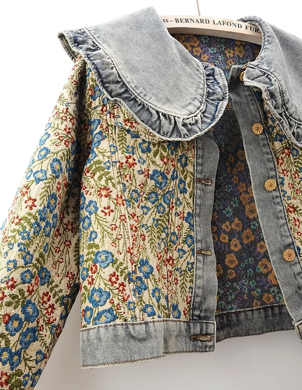 Womens Sweet Peter Pan Collar Long Sleeve Jacquard Denim Jacket
